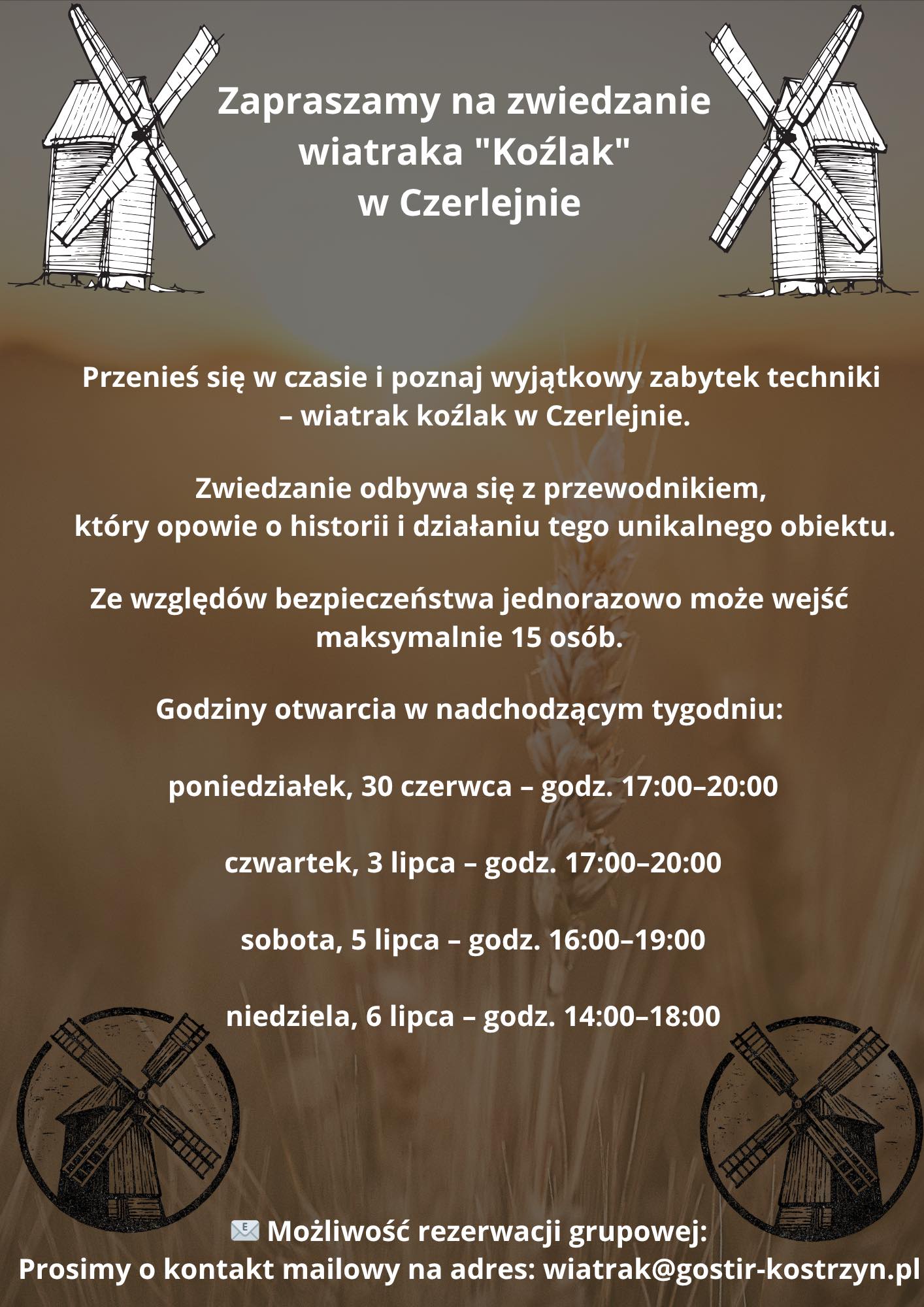 Zapraszamy na zwiedzanie wiatraka „Koźlak” w Czerlejnie