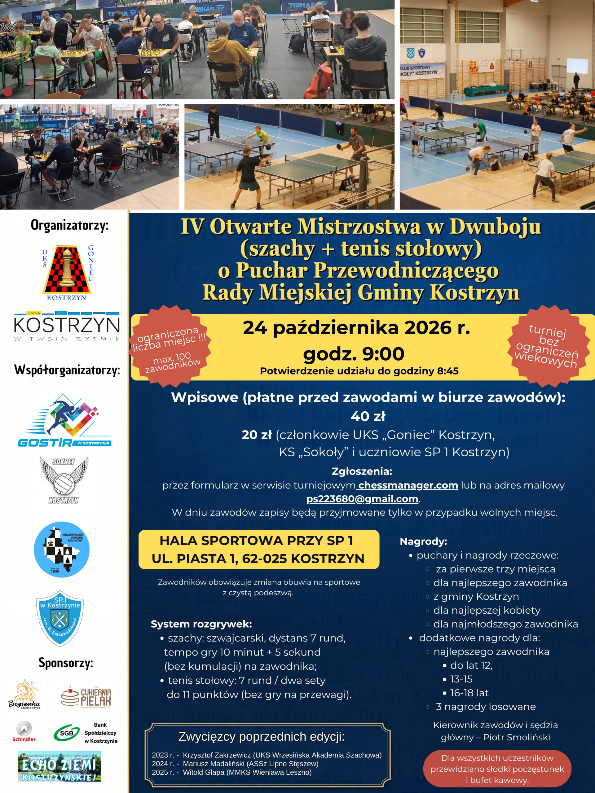 Zapraszamy na IV Otwarte Mistrzostwa w Dwuboju (szachy + tenis stołowy) o Puchar Przewodniczącego Rady Miejskiej Gminy Kostrzyn